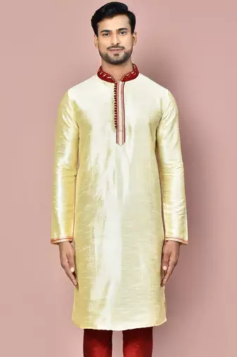Fawn dupion art silk kurta with  computerised embroidery machine work
