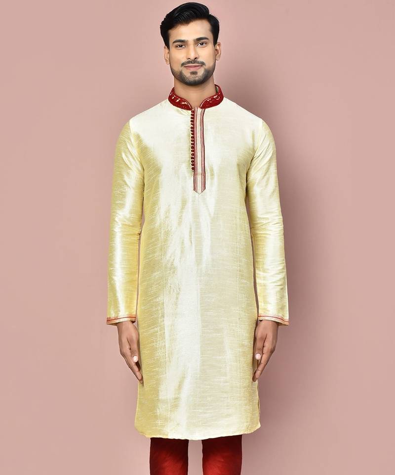 Fawn dupion art silk kurta with  computerised embroidery machine work