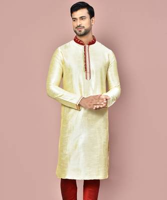 Fawn dupion art silk kurta with  computerised embroidery machine work 3
