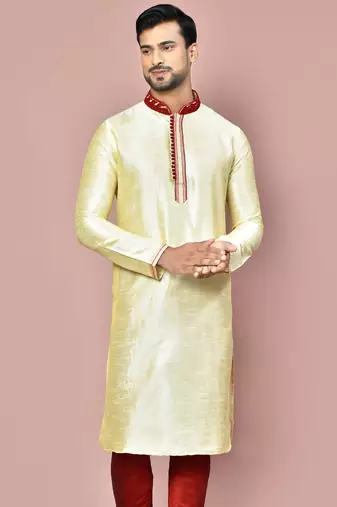 Fawn dupion art silk kurta with  computerised embroidery machine work