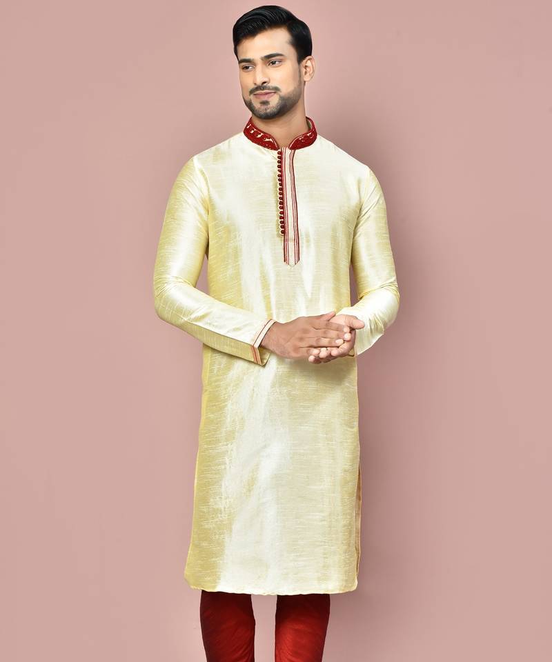 Fawn dupion art silk kurta with  computerised embroidery machine work
