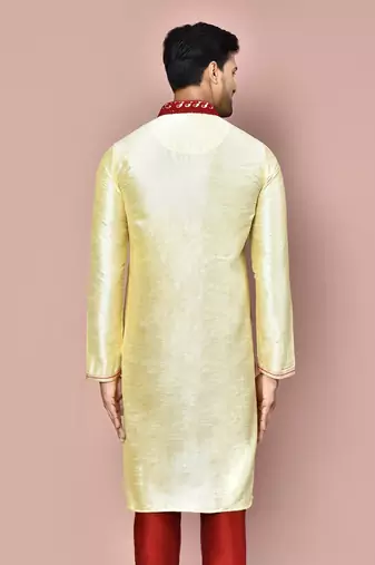 Fawn dupion art silk kurta with  computerised embroidery machine work