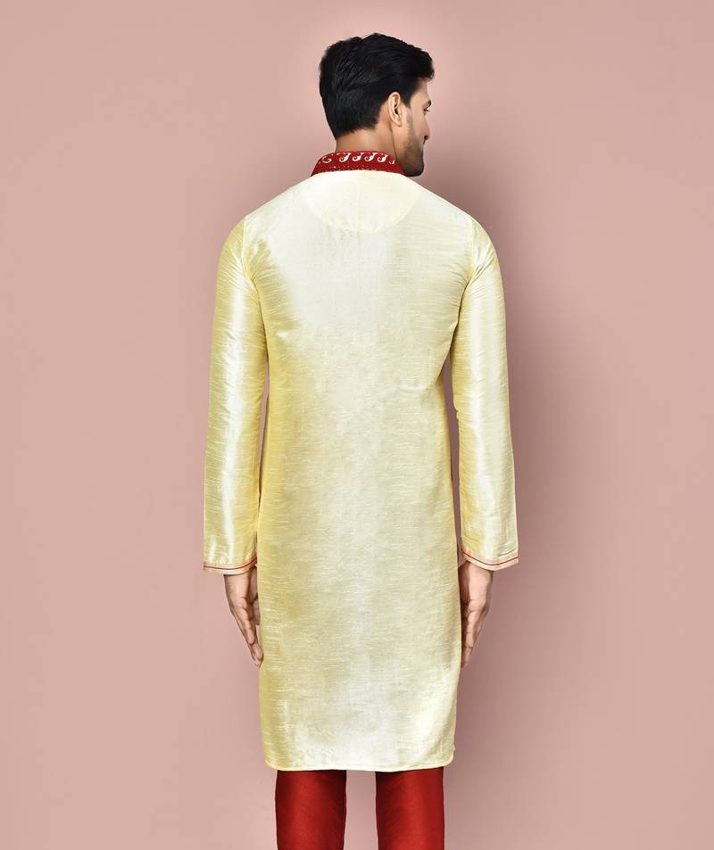 Fawn dupion art silk kurta with  computerised embroidery machine work