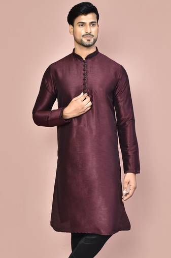 Wine dupion art silk kurta with  computerised embroidery machine work