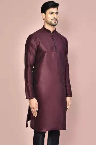 Wine dupion art silk kurta with  computerised embroidery machine work