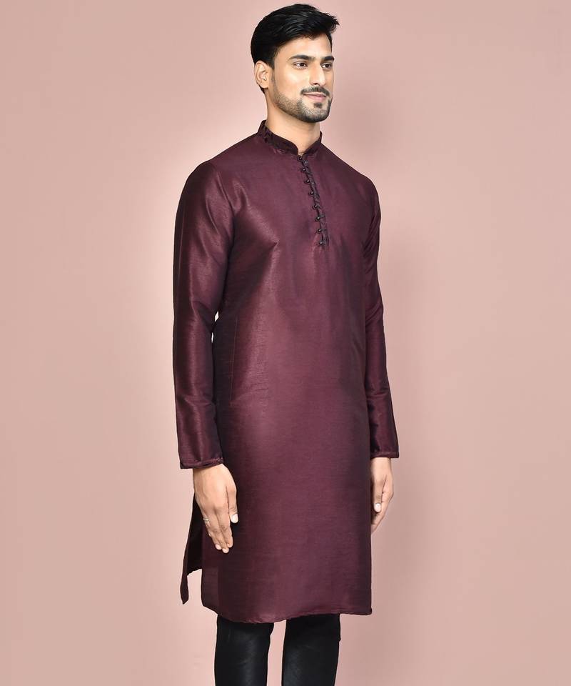 Wine dupion art silk kurta with  computerised embroidery machine work