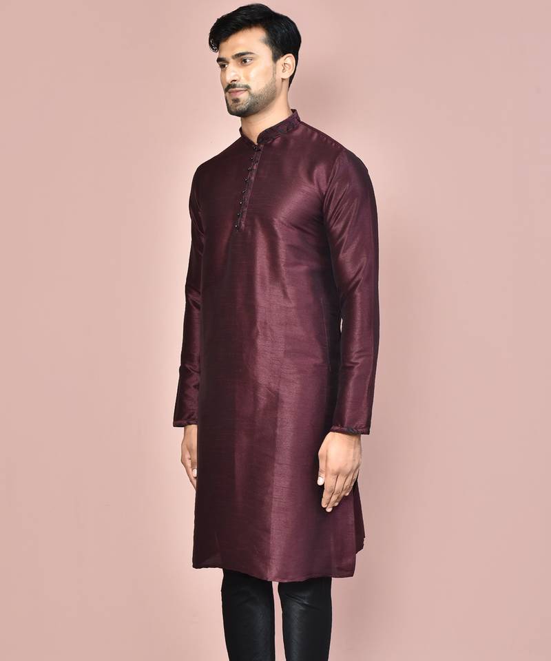 Wine dupion art silk kurta with  computerised embroidery machine work