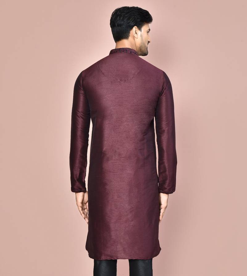 Wine dupion art silk kurta with  computerised embroidery machine work