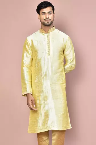 Fawn dupion art silk kurta with  computerised embroidery machine work