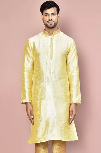 Fawn dupion art silk kurta with  computerised embroidery machine work