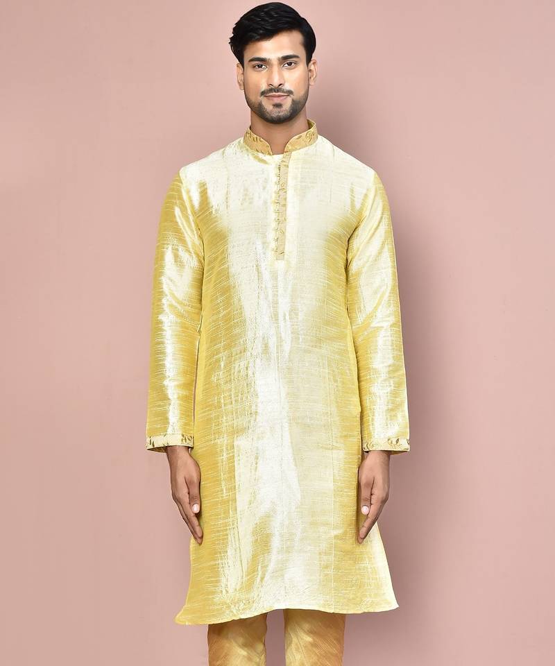 Fawn dupion art silk kurta with  computerised embroidery machine work