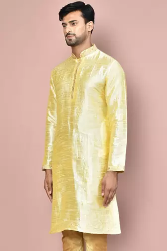 Fawn dupion art silk kurta with  computerised embroidery machine work