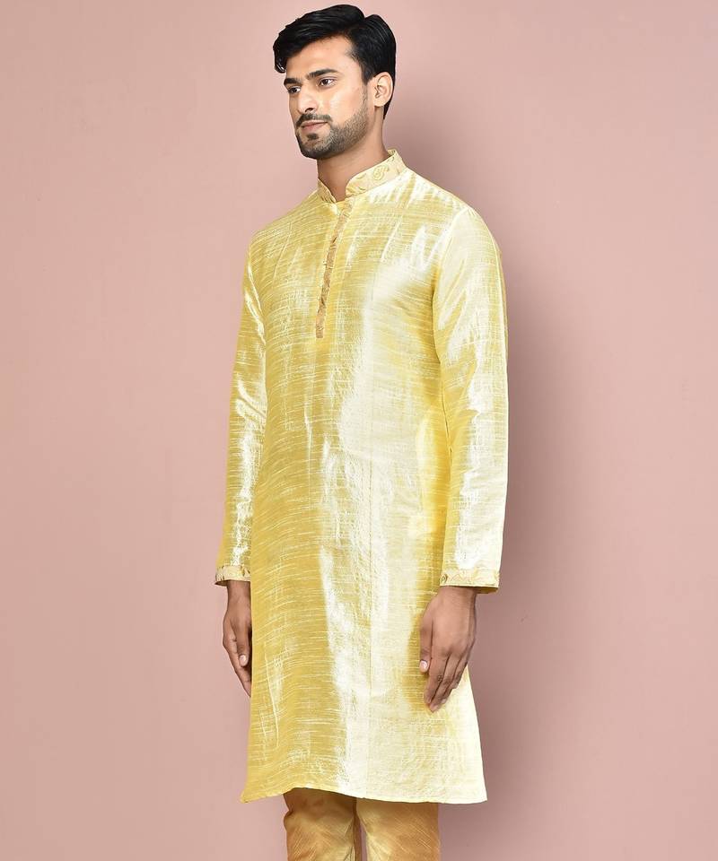 Fawn dupion art silk kurta with  computerised embroidery machine work