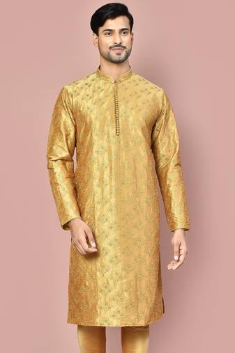 Dark beige dupion art silk kurta with  computerised embroidery machine work