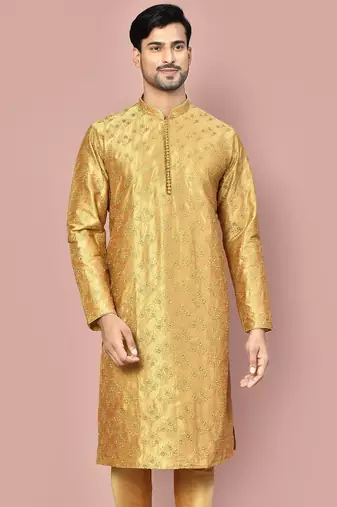 Dark beige dupion art silk kurta with  computerised embroidery machine work