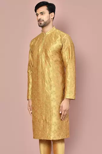 Dark beige dupion art silk kurta with  computerised embroidery machine work