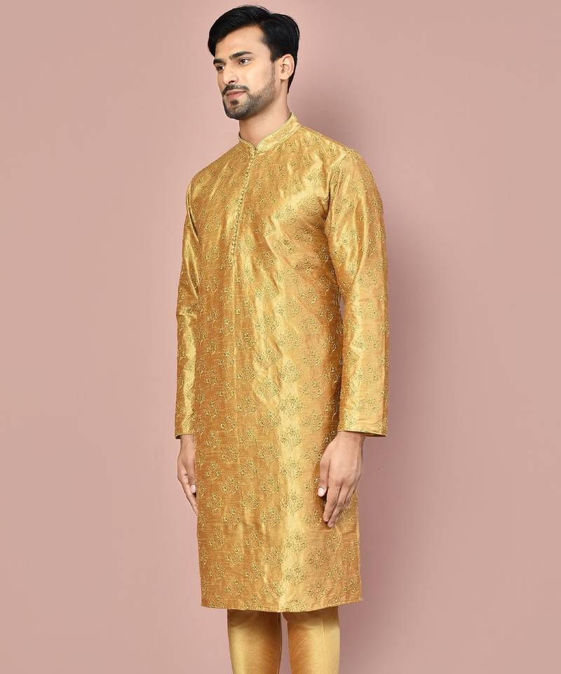 Dark beige dupion art silk kurta with  computerised embroidery machine work