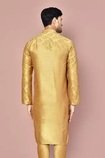 Dark beige dupion art silk kurta with  computerised embroidery machine work