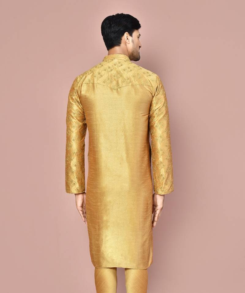 Dark beige dupion art silk kurta with  computerised embroidery machine work