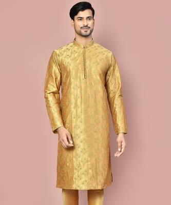 Dark beige dupion art silk kurta with  computerised embroidery machine work 4