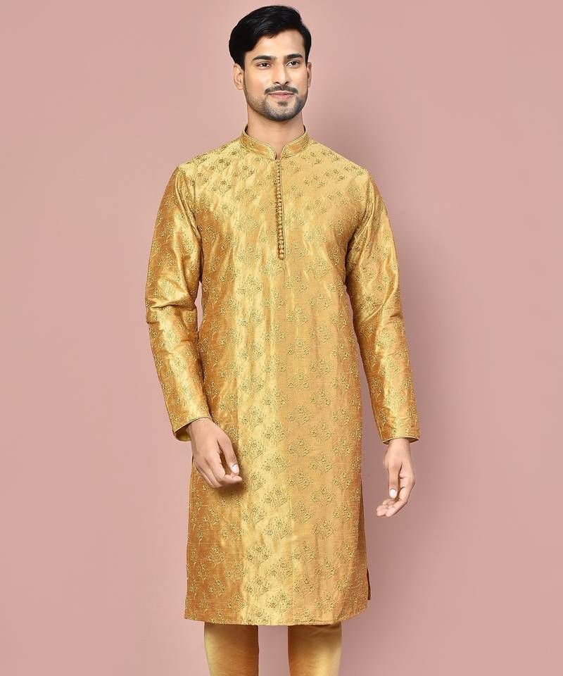 Dark beige dupion art silk kurta with  computerised embroidery machine work