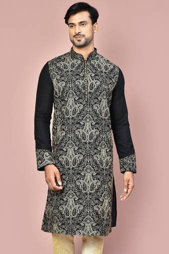 Black dupion art silk kurta with  computerised embroidery machine work
