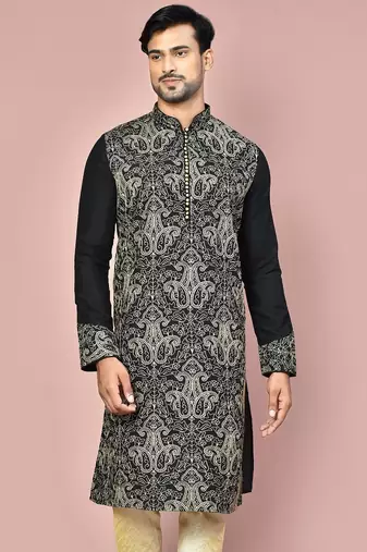 Black dupion art silk kurta with  computerised embroidery machine work