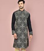 Black dupion art silk kurta with  computerised embroidery machine work