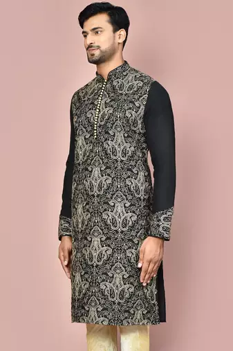 Black dupion art silk kurta with  computerised embroidery machine work