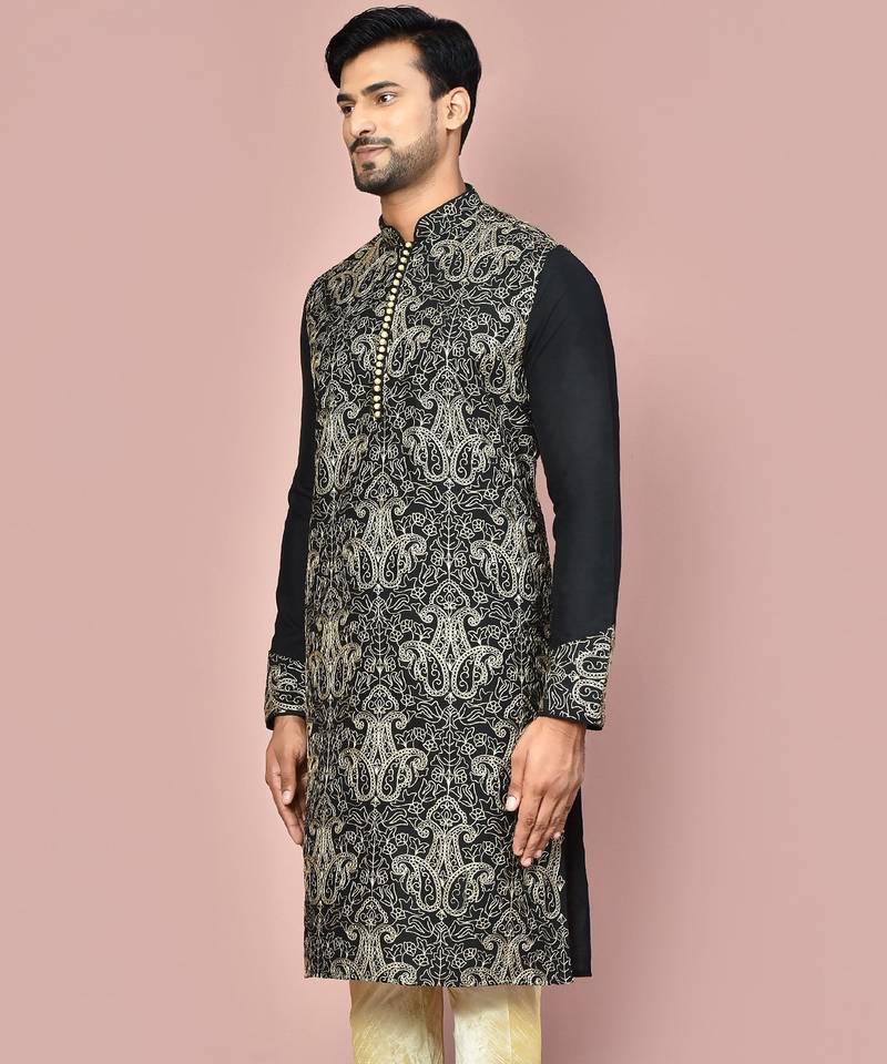 Black dupion art silk kurta with  computerised embroidery machine work