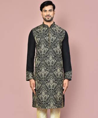 Black dupion art silk kurta with  computerised embroidery machine work 3