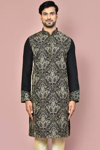 Black dupion art silk kurta with  computerised embroidery machine work