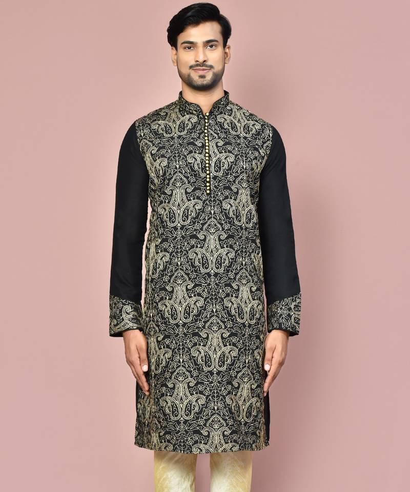 Black dupion art silk kurta with  computerised embroidery machine work