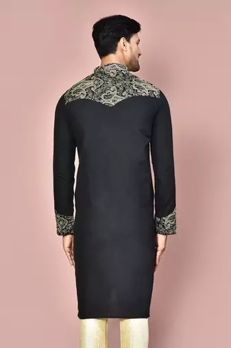Black dupion art silk kurta with  computerised embroidery machine work