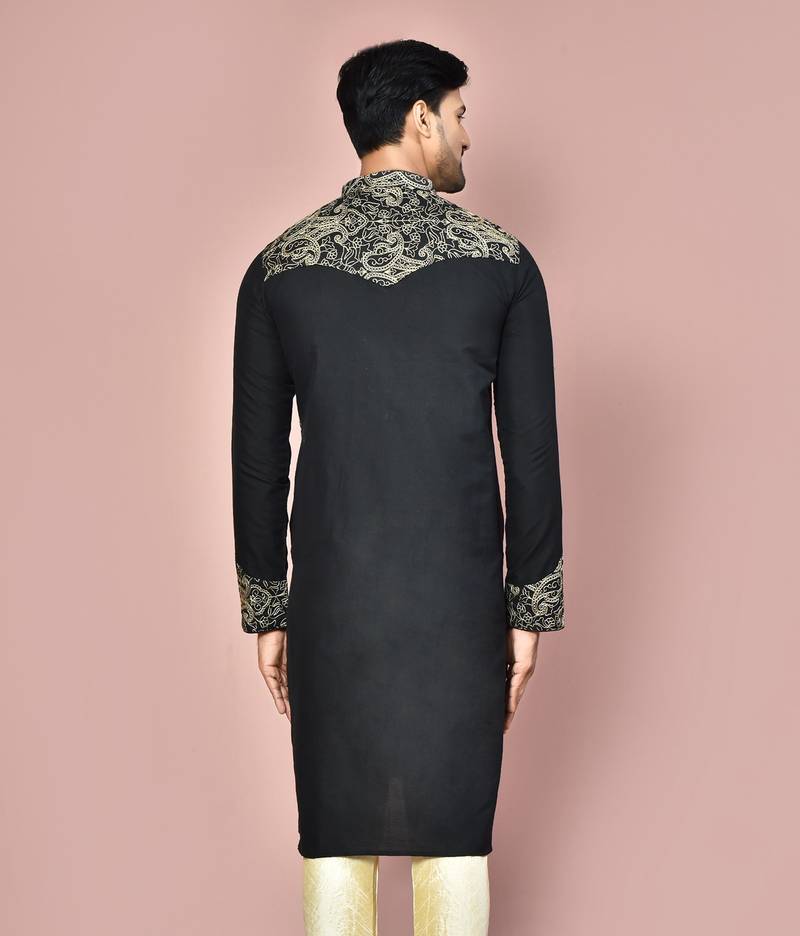 Black dupion art silk kurta with  computerised embroidery machine work