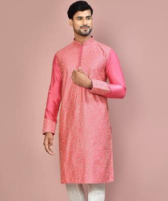 Pink dupion art silk kurta with  computerised embroidery machine work 1