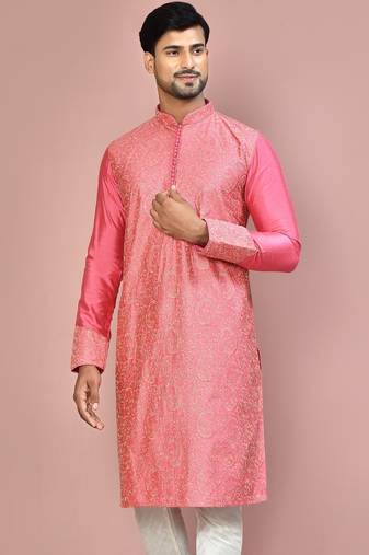 Pink dupion art silk kurta with  computerised embroidery machine work