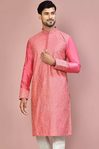Pink dupion art silk kurta with  computerised embroidery machine work