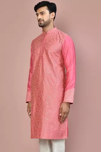 Pink dupion art silk kurta with  computerised embroidery machine work