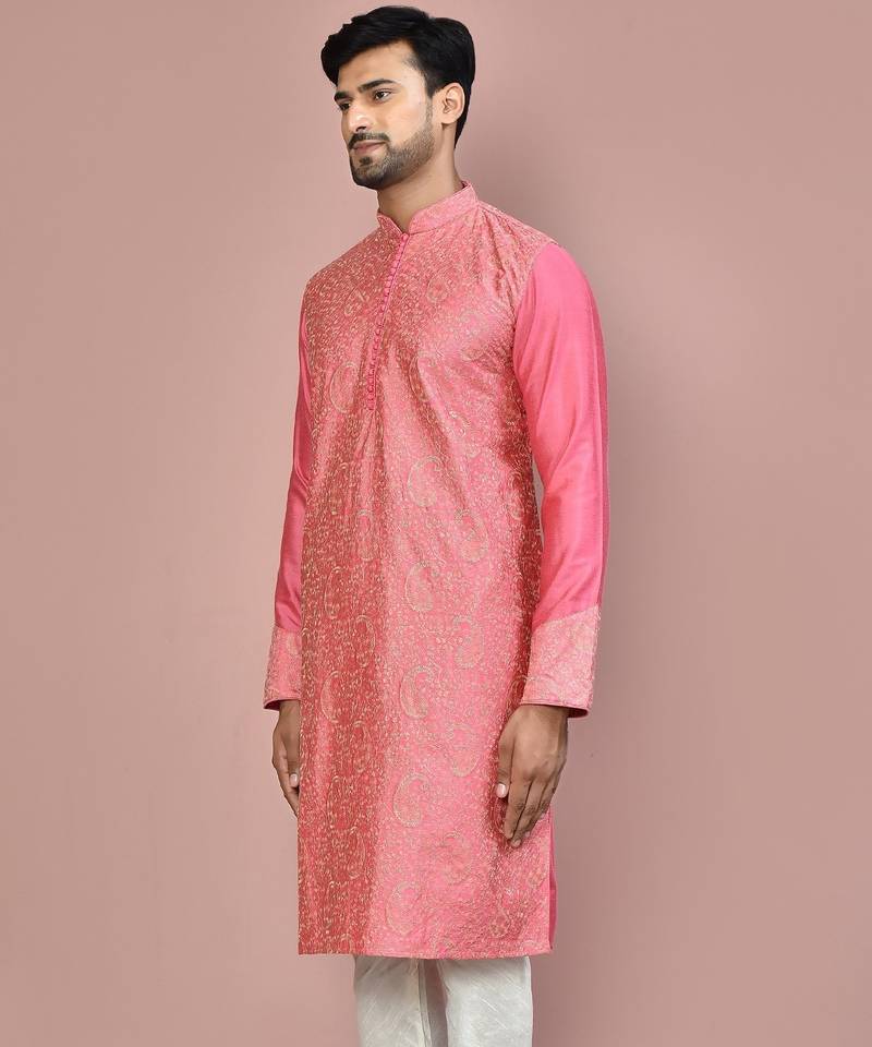 Pink dupion art silk kurta with  computerised embroidery machine work