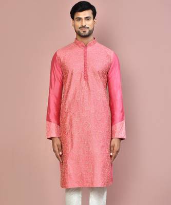 Pink dupion art silk kurta with  computerised embroidery machine work 3