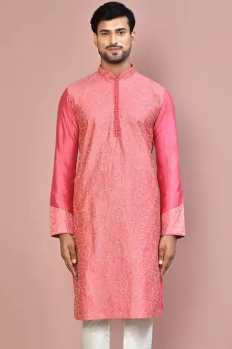 Pink dupion art silk kurta with  computerised embroidery machine work