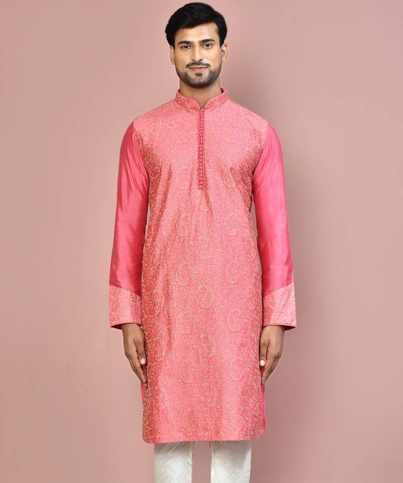 Pink dupion art silk kurta with  computerised embroidery machine work