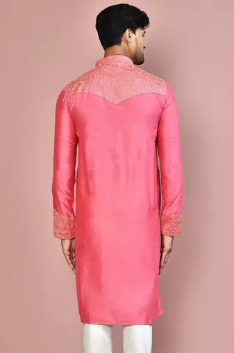 Pink dupion art silk kurta with  computerised embroidery machine work
