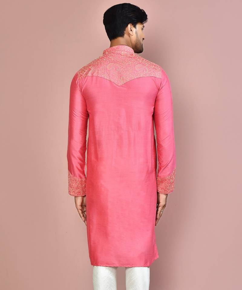 Pink dupion art silk kurta with  computerised embroidery machine work