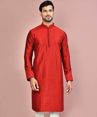 Red dupion art silk kurta with  computerised embroidery machine work 1