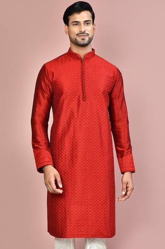 Red dupion art silk kurta with  computerised embroidery machine work