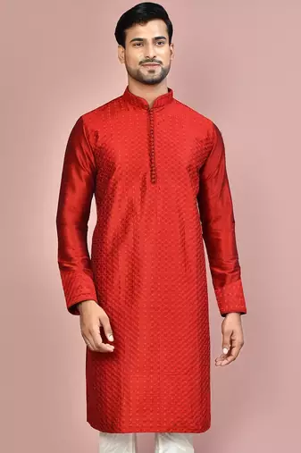 Red dupion art silk kurta with  computerised embroidery machine work