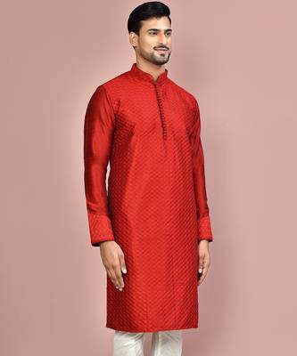 Red dupion art silk kurta with  computerised embroidery machine work 2