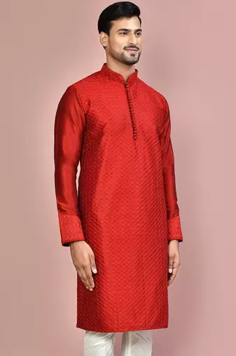 Red dupion art silk kurta with  computerised embroidery machine work